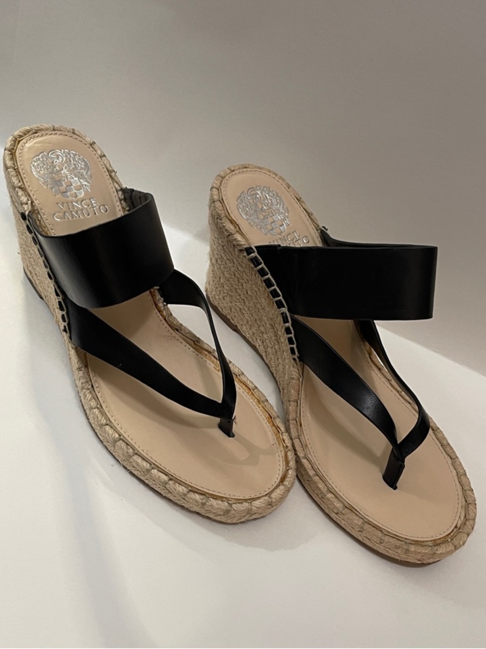 Vince Camuto Black Leather Espadrille Wedge Sandals Sz 9.5 NWOT